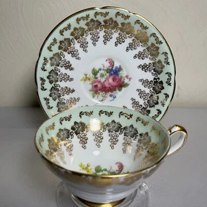 Antike STANLEY Teetasse & Untertasse Grün & Rosa Rose Teetasse England Double Gold - Bild 1 von 13