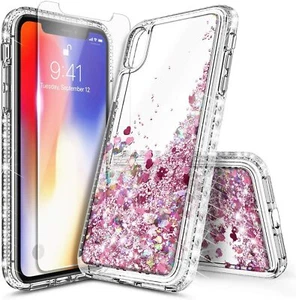 For iPhone X / Xs Case, Liquid Glitter Clear Cover With Tempered Glass Protector - Picture 1 of 24