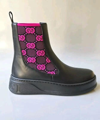 Gucci Mujer Dalí Botas US 9 39 Negro Cuero Rosa Técnico GG Jersey $1450 Foto 1 de 4