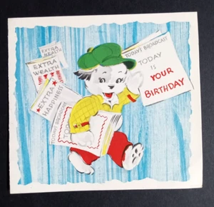 Happy Birthday Returns Grußkarte um 1950 unbenutzt Hund Verkauf Zeitungen NOS - Bild 1 von 4