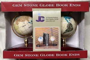 Brand New JCF 7” Ivory Lipas Gemstone World Globe Mahogony Glossy Bookends Set - Picture 1 of 5