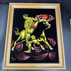 Pintura al óleo vintage de terciopelo negro Matador Bull firmada Rico años 70 Blacklight Neon - Imagen 1 de 10