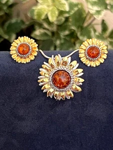 HONEY BALTIC AMBER SUNFLOWER GOLD PLATED STERLING SILVER PENDANT & EARRING SET - Picture 1 of 6