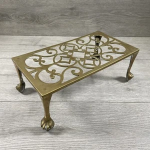 Vintage Brass Fireside Kettle Tea Pot Flat Iron Stand Trivet Hearth AGA Woodburn - Picture 1 of 16