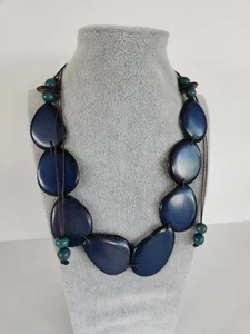 Stunning Modernist Wooden Beads Navy Blue Tassels Adjustable Necklace EUC - Picture 1 of 9
