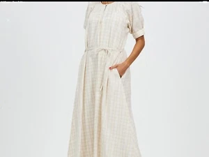 Assembly Label Size S/M Cotton Puffed Sleeves Checked Maxi Dress Retail $200 - Picture 1 of 6