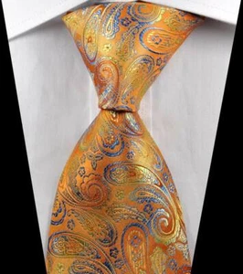 Hot Classic Paisleys Gold Blue JACQUARD WOVEN 100% Silk Men's Tie Necktie - Picture 1 of 2