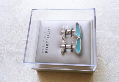 New Perry Ellis Portfolio Men`s Bullet Cufflinks Silver Blue Gift for Him in Box - Image 1 of 4