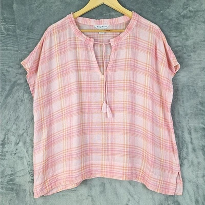 Tommy Bahama Top Grande Mezcla de Lino Boho Campesino Costero Resort Playa Gasa a Cuadros Foto 1 de 4