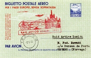 Raid Artico Lualdi - (02.05.1953) su biglietto postale aereo da 60 lire per Trom - Imagen 1 de 2