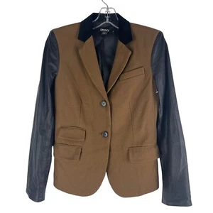 DKNY Donna Karan Wool Lamb Leather Blazer Jacket Brown Black Women Size 2 - Picture 1 of 6