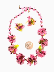 Raro conjunto de collar vintage italiano rosa veneciano racimo de flores y hojas de vidrio - Imagen 1 de 8