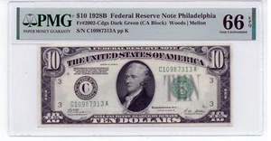 $10 1928B Philadelphia Fr#2002-Cdgs Dark Green Woods/Mellon 66 Gem UNC EPQ Note - Picture 1 of 2