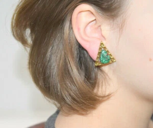 Vintage Emmons Earrings Clip On Tri Angle Art Deco Speckled Cabochon - Picture 1 of 11