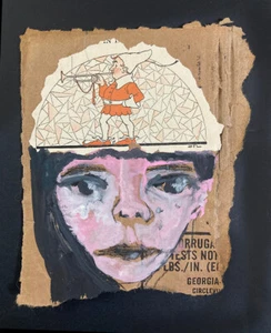 Outsider Art Woman Naive Primitive Portrait Painting Collage Art Original - Picture 1 of 14