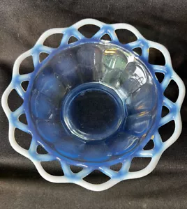VINTAGE IMPERIAL GLASS KATY BLUE OPALESCENT MILKY LACE EDGE SMOOTH BOWL DISH - Picture 1 of 7
