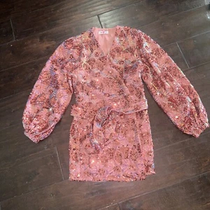 Buddy Love Sequin Wrap Dress Pink Iridescent Sequins Long Sleeve Size XS - Picture 1 of 3