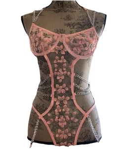 Women’s Snap Crotch Lingerie Teddy Pink Floral Naughty & Nice Chains Embroidery - Picture 1 of 3