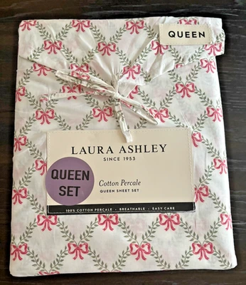 New Laura Ashley Queen Sheet Set Holiday Bow Trellis Red Green 4pc 100% Cotton - Image 1 of 4