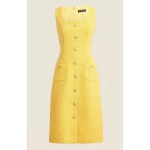 J. Crew Sophia Square Neck Tweed Midi Dress with Golden Buttons Yellow Sz 4 NWT - Picture 1 of 12