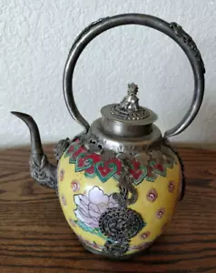 Vtg Tibetan Porcelain Teapot Red Yellow Brass Foo Dog Dragons Phoenix Lions - Picture 1 of 19