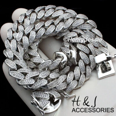 COLLAR CADENA CUBANA MIAMI 20" HOMBRE CHAPADO EN ORO BLANCO 14K 12MM ICY BLING CZ*ABN1 Foto 1 de 4