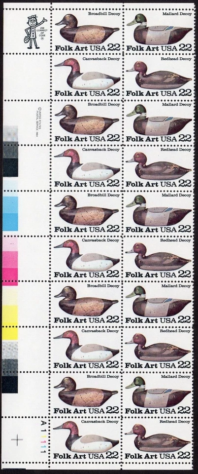 Scott #2141a (2138-41) Duck Decoys Plate Block of 20 Stamps - MNH LL - Image 1 of 1