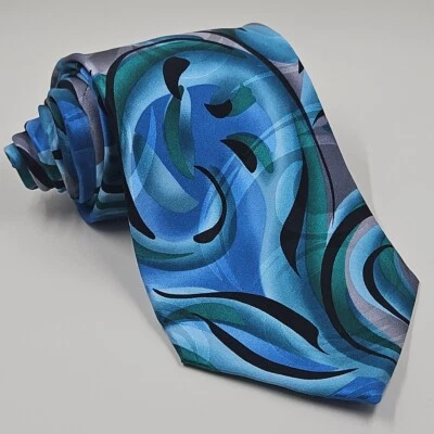J Garcia Silk Tie Men's 60X4 Snail Garden Abstract Psychedelic Blue Green Silver Foto 1 de 4