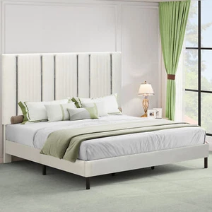 King Size Bed Frame Upholstered Velvet Platform Bed w/ 52'' Tall Headboard Beige - Picture 1 of 5