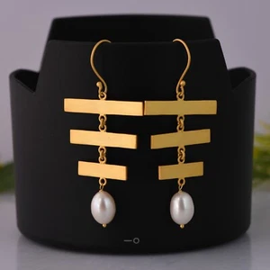 Bar Dangle Earrings Yellow Gold Plated Multi Rectangle Shape Pearl Brass Earring - Picture 1 of 5
