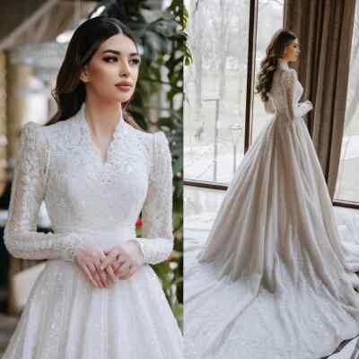 Wedding Dresses Beading Sequins V Neck Long Sleeves Bridal Gowns Sweep Train - Image 1 of 4