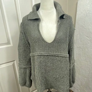 POL Damen Pullover groß salbeigrün Detailnähte V-Ausschnitt Waffelstrick - Bild 1 von 7