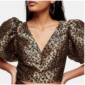 Topshop Women's Animal Print Puff Sleeve Crop Blouse in Brown Multi Size 8 $75 - Picture 1 of 4