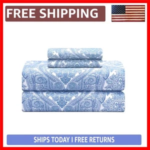 Feather & Stitch Queen Cotton Sheets Set - 300 Thread Count Cooling Blue Paisley - Picture 1 of 11