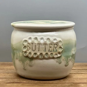 Studio Art Stoneware Pottery Butter Bell Green Drip Glaze - Signed Vicki - Picture 1 of 13