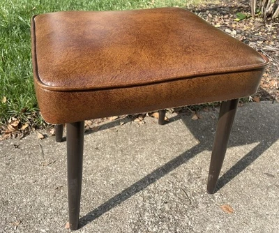 MCM Rectangle Brown Vinyl Ottoman Foot Stool with Tapered Wood Legs NL - Image 1 of 4