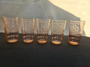 Pink Depression Glass Lot Of 5 Juice Glasses Cut Etched Floral 3 3/4" 5 On. - Picture 1 of 9
