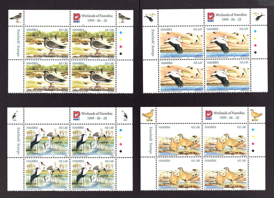 M25899 Namibia 1999 SG840/3 Wetlan Birds en IMPRESIÓN Y SEMÁFORO bloques de 4 Foto 1 de 1