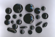 (#67) 4 HOLE METAL SHANK DESIGNED BLACK GLASS BUTTONS) ( 1800'S VICTORIAN ERA) 