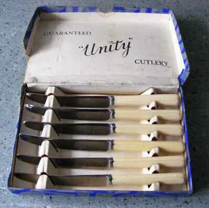 VINTAGE SET 6 TEA KNIVES FAUX BONE ART DECO HANDLES STAINLESS C.W.S. UNITY - Picture 1 of 5