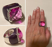 CHARLES WINSTON Checkerboard Cut Pink CZ & Purple Enamel Sterling Ring Size 6.5