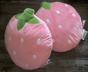 (2) Pink Strawberry Plush Pillow 14" Long Soft Plush Woman Owned Adorable Accent - Picture 1 of 1