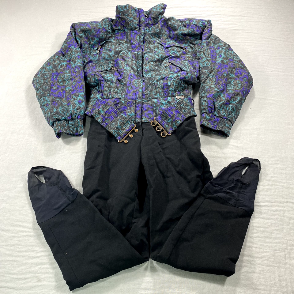 Babero de esquí Tyrolia de colección para mujer talla 6 negro azul traje de cuerpo completo chaqueta de relleno años 80 Foto 1 de 4