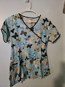 Cherokee Studio Brand Multiprint Butterflies On Aqua Scrub Top - sz S - Picture 1 of 5
