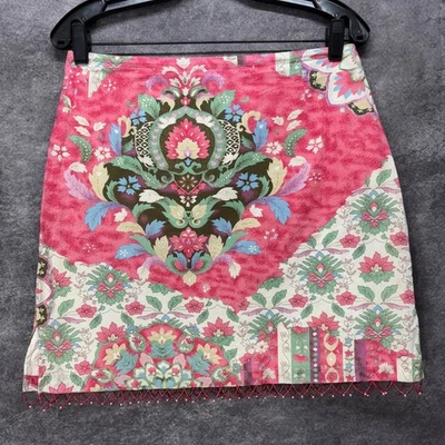 Minifalda Y2K Boston Propia Talla 8 Rosa Floral Medallón Boho Cuentas Flecos Foto 1 de 4