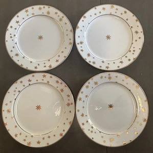 Set Of 4 Galaxy by Sakura White Salad Plates 14K Gold Stars & Trim 8.5 Starburst - Picture 1 of 4