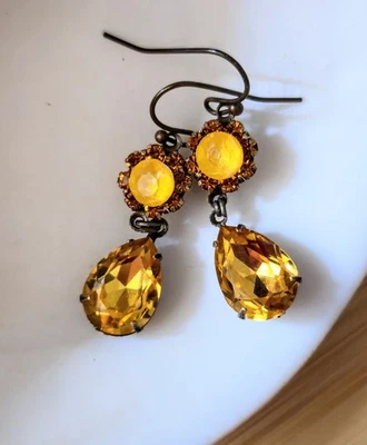 Victorian Golden Yellow Swarovski Elements Flower Crystals In Brass  Earrings - Image 1 of 4