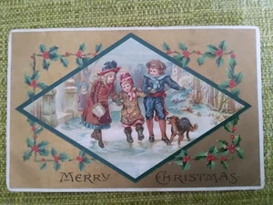 Old Christmas Postcard, Children Walking on Ice. Holly and Berries - Picture 1 of 2