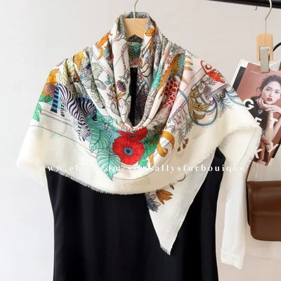 Sallys 100% Boiled Wool Shawl Animals Print Square Thin Delicate Stole Scarf 39" - Image 1 of 4