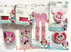 Disney Baby Minnie Mouse Set de Regalo Biberón Pezón Chupete y Soporte Tenedor Cuchara NUEVO - Imagen 1 de 12
